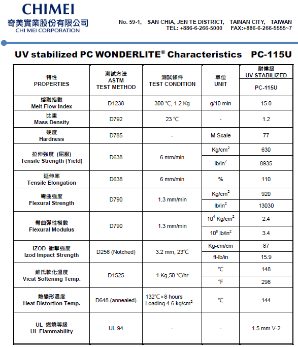 這是一張臺灣奇美PC PC-115U物性參數表圖片